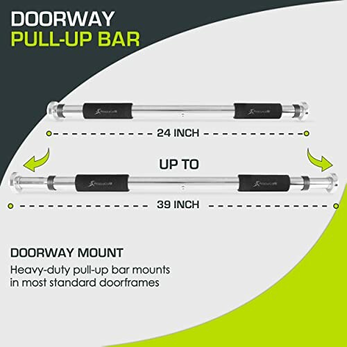 Doorway pull-up bar with adjustable length from 24 to 39 inches.