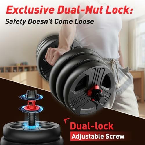 Person holding adjustable dumbbell with dual-nut lock feature.
