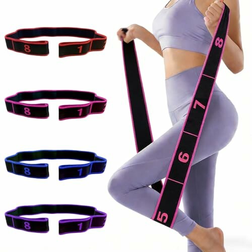 Woman using elastic fitness resistance bands with numbered sections