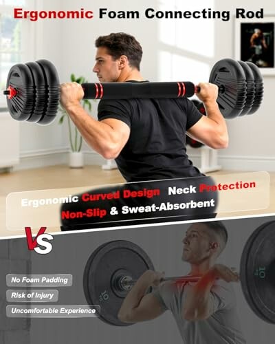 Man using ergonomic foam connecting rod for weightlifting.