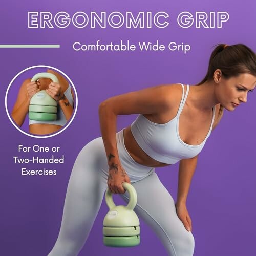 Woman exercising with ergonomic grip kettlebell on purple background.