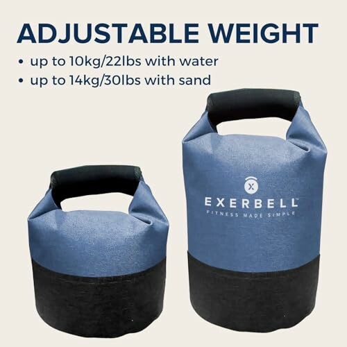 Two Exerbell adjustable weight bags with handles, labeled for water and sand filling.