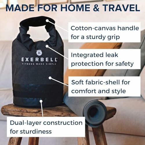 Exerbell fitness weight bag with features highlighted for home and travel use.
