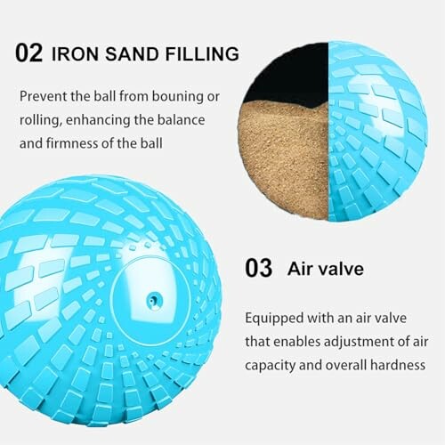 Blue exercise ball with iron sand filling and air valve.