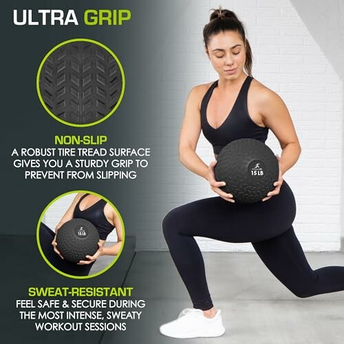 Woman exercising with a 15 lb ultra grip medicine ball for improved core strength.