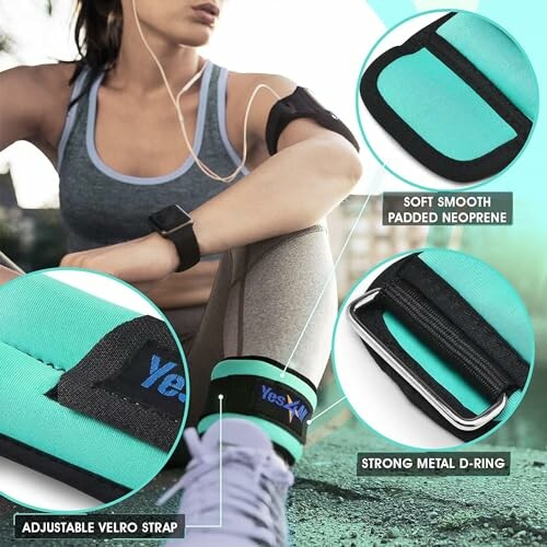 Person wearing adjustable ankle weights with soft neoprene and metal D-ring.