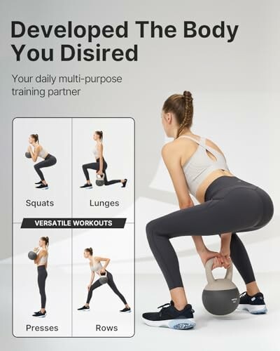 Woman performing kettlebell exercises with workout guide.