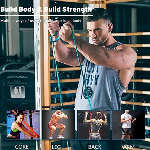 Man using resistance bands for strength training with core, leg, back, and arm exercises shown.