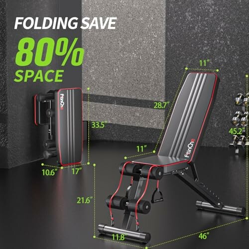 Foldable weight bench saving 80% space with dimensions highlighted.