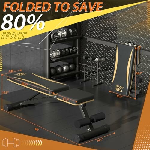 Foldable weight bench in a gym saves 80% space.