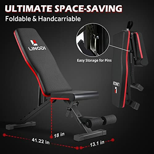 Foldable and handcarriable weight bench with storage for pins.