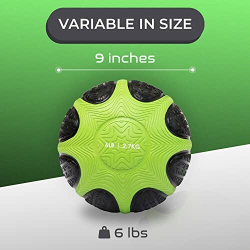 Green and black exercise ball with 6 lbs label on green background, showcasing the product's weight and durability.