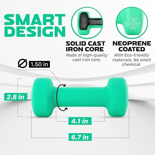 Green dumbbell with smart design features including solid cast iron core and neoprene coating.