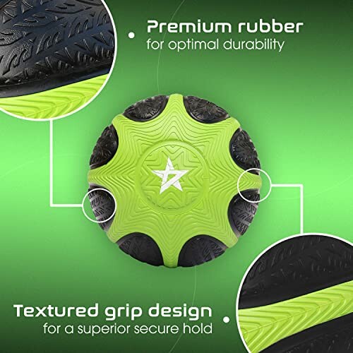 Green and black soccer ball with premium rubber and textured grip design, highlighting the product's durability and comfort.