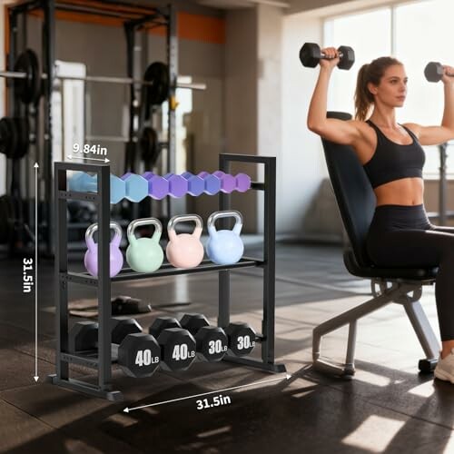 Woman lifting dumbbells in gym with weights rack nearby.