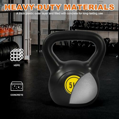 Heavy-duty kettlebell in a gym with HDPE and concrete materials.