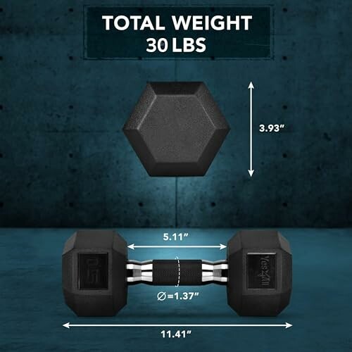 Hex dumbbell showing dimensions and total weight of 30 lbs.