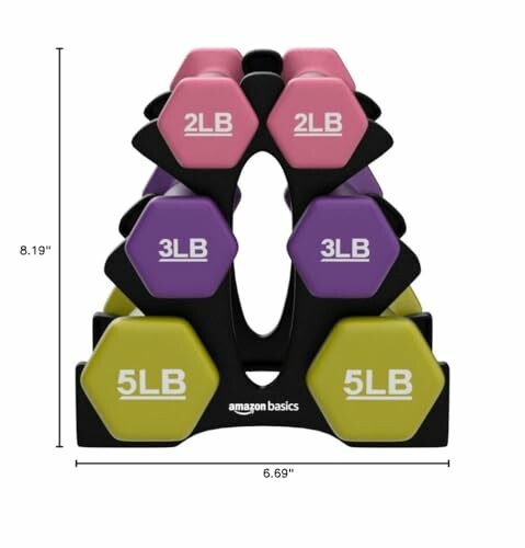 Set of hex dumbbells with rack in pink, purple, and green.