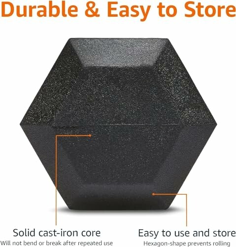 Hexagon-shaped dumbbell with solid cast-iron core, labeled as durable and easy to store.