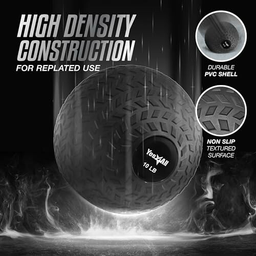 High density medicine ball with durable PVC shell and non-slip textured surface.