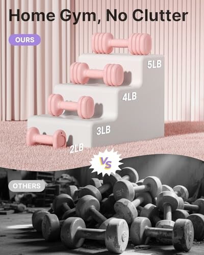 Comparison of a tidy home gym with pink dumbbells versus a cluttered gym with various weights.