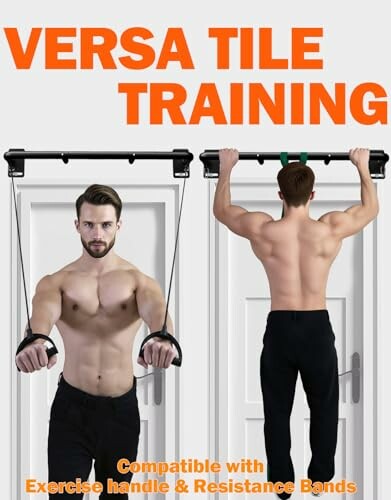 Two men using a door-mounted exercise bar with resistance bands.