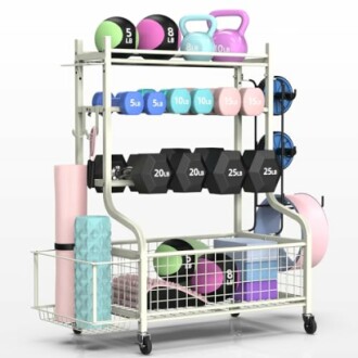 Storage rack with various gym equipment including weights, kettlebells, yoga mats, and exercise balls.