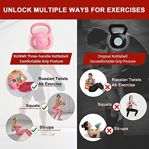 Comparison of RUNWE three-handle kettlebell and original kettlebell for exercises like Russian twists, squats, and sit-ups.