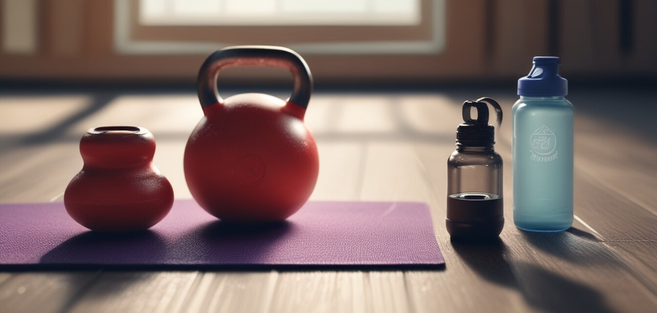 Kettlebell with yoga mat and water bottle