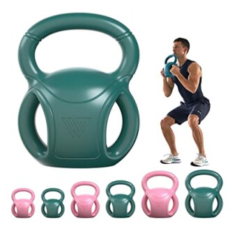 Man exercising with various weights of kettlebells.