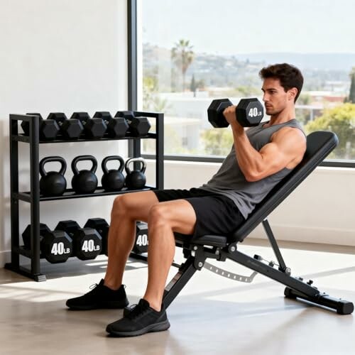 Man lifting dumbbells in a gym setting.