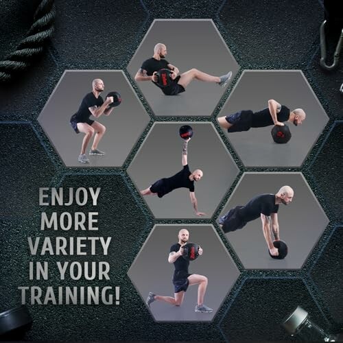 Man demonstrating various medicine ball exercises with text 'Enjoy more variety in your training!'