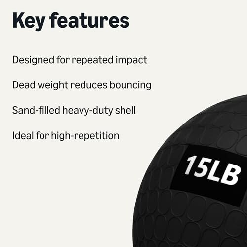 Medicine ball key features listed with 15LB label.