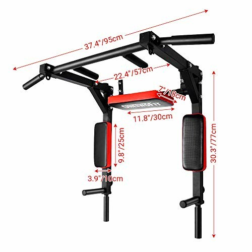 Multi-functional pull-up bar with dimensions and padded supports.