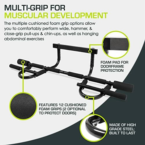 Multi-grip exercise bar for muscular development with foam grips and doorframe protection.