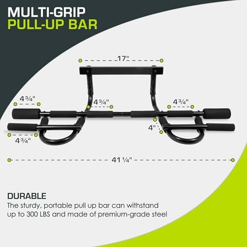 Multi-grip pull-up bar with dimensions and weight capacity.