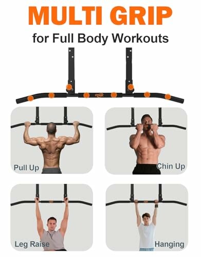 Multi grip workout bar with exercises: pull up, chin up, leg raise, hanging.