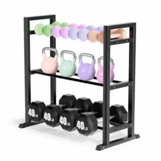 Rack with dumbbells, kettlebells, and weights