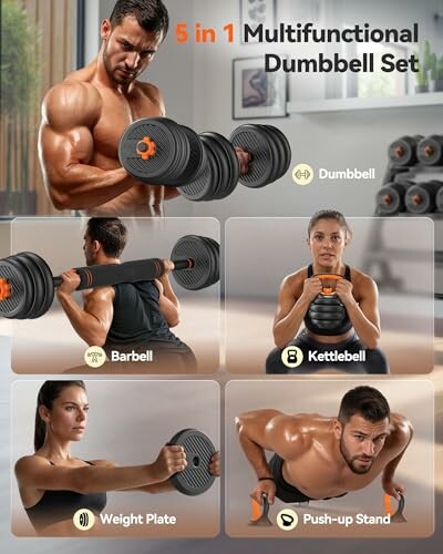 5 in 1 multifunctional dumbbell set with barbell, kettlebell, weight plate, and push-up stand.