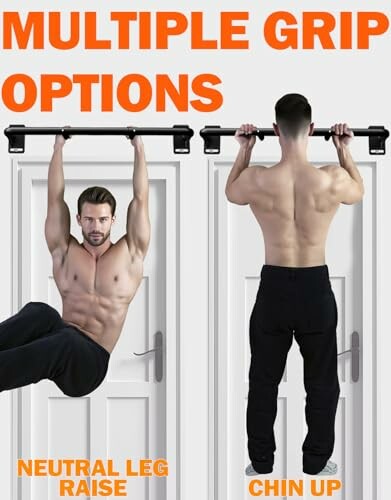 Two men using a pull-up bar for exercises, one doing a neutral leg raise, the other a chin-up.