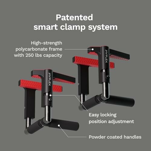 Patented smart clamp system with high-strength polycarbonate frame and 250 lbs capacity.