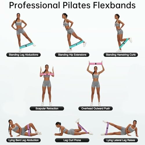 Various exercises with Pilates flexbands including standing leg abductions and hip extensions.