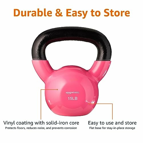 Pink 15-pound kettlebell with vinyl coating and solid-iron core.