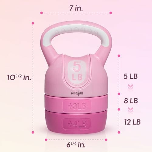 Pink adjustable kettlebell with weight options of 5, 8, and 12 pounds.