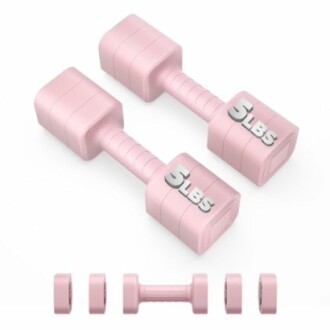 Set of pink dumbbells weighing 5 pounds each.