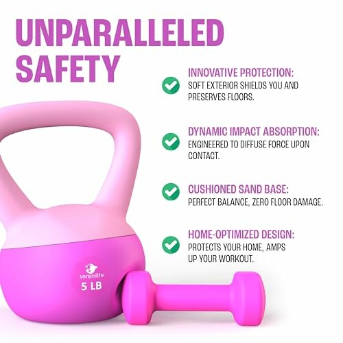 Pink kettlebell and dumbbell with safety features listed.