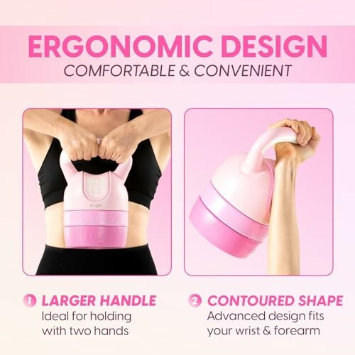 Pink ergonomic kettlebell with larger handle and contoured shape.