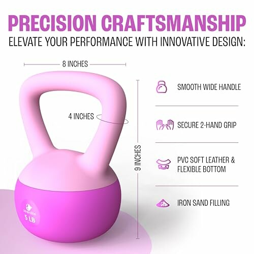 Pink kettlebell with detailed design features and dimensions.