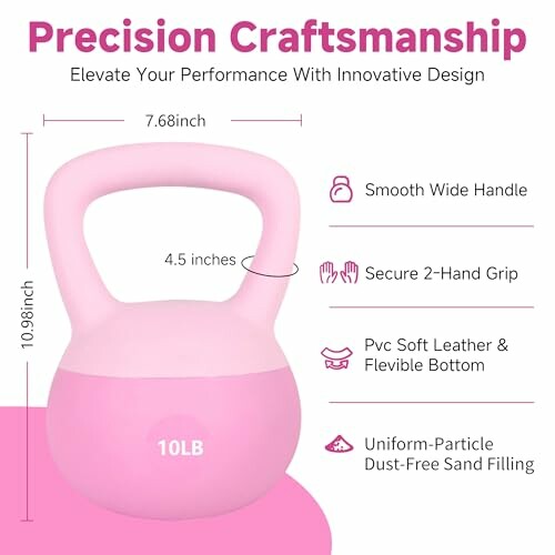 Pink 10lb kettlebell with features highlighted, including smooth handle, secure grip, and soft leather bottom.