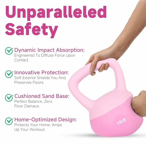 Pink kettlebell with safety features and benefits.